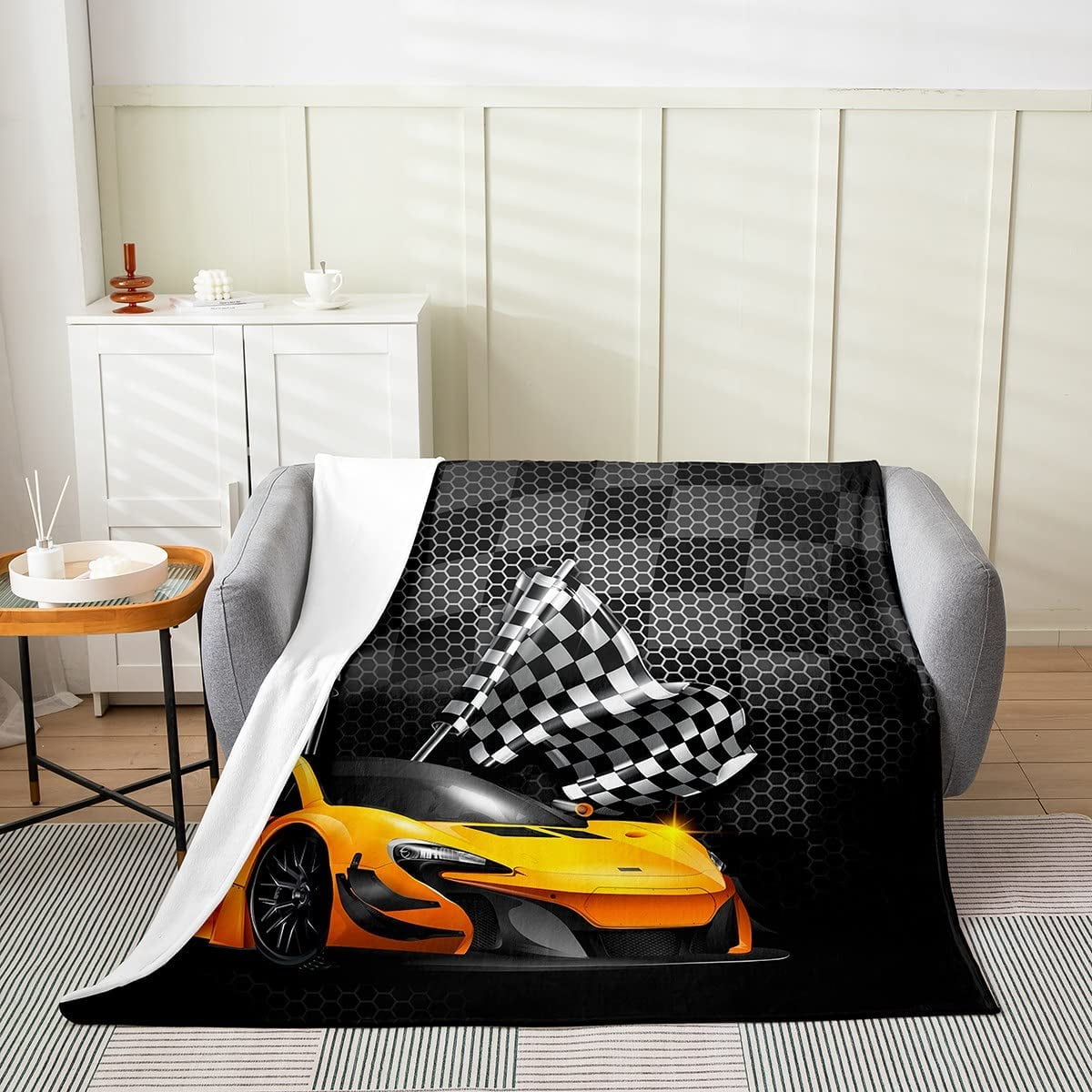 Yellow Race Car Throw Blanket Black White Checkerboard Flag Bed Blanket