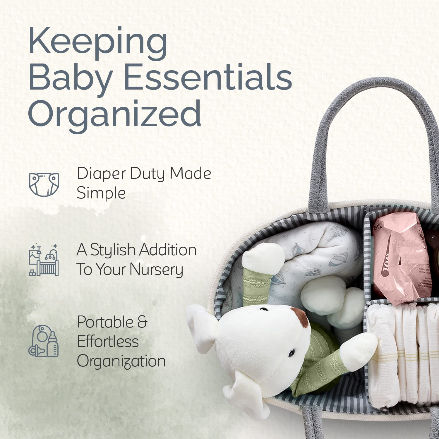 Woven Diaper Caddy Basket with Handle Lid, Diaper Caddy Basket with Dividers for Baby Boy/Girl Nursery, Baby Gift, Gray, Large