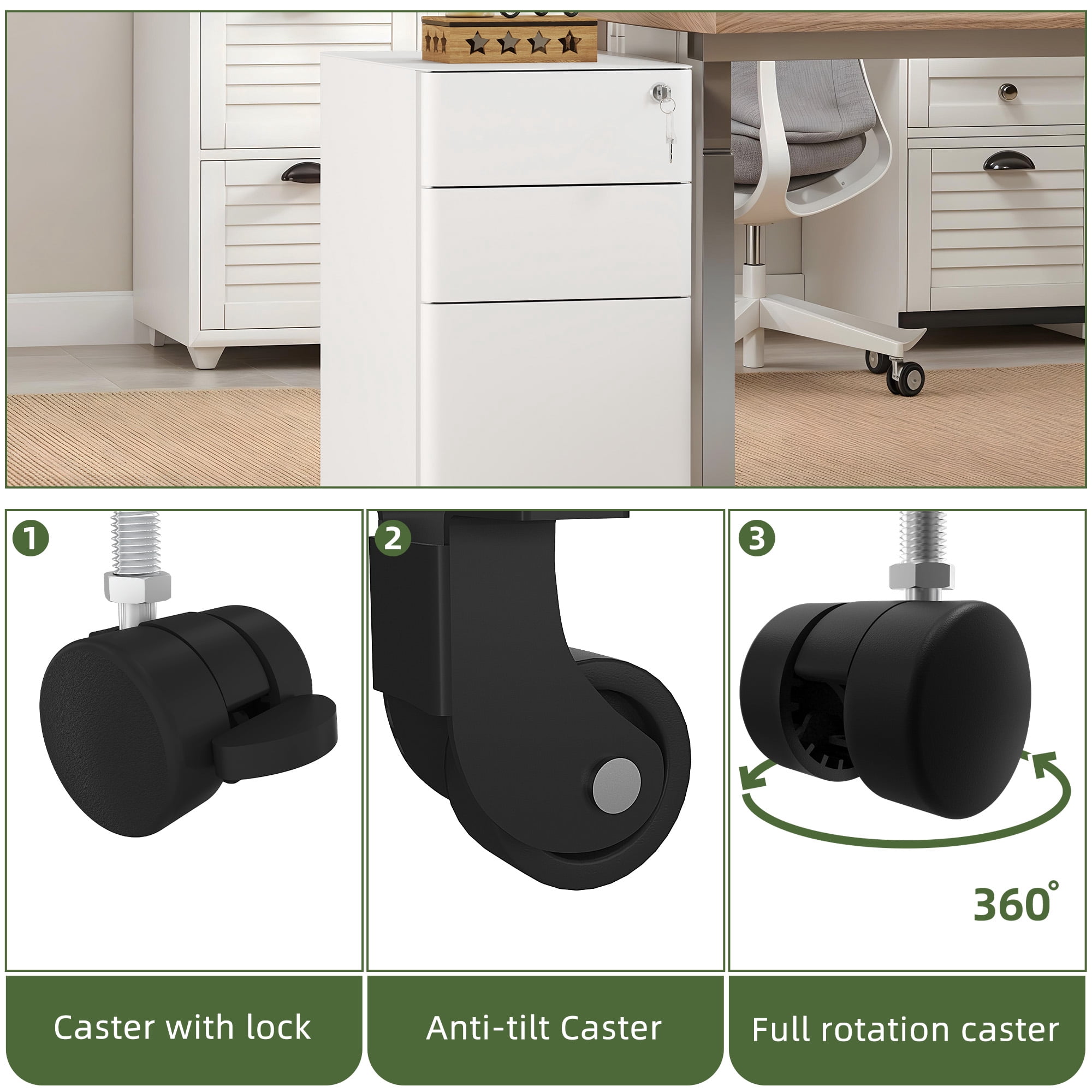 Uforic 3-Drawer Lockable File Cabinet for A4/Letter/Legal Size Folder, Home Office, Assembled Except Casters (White)
