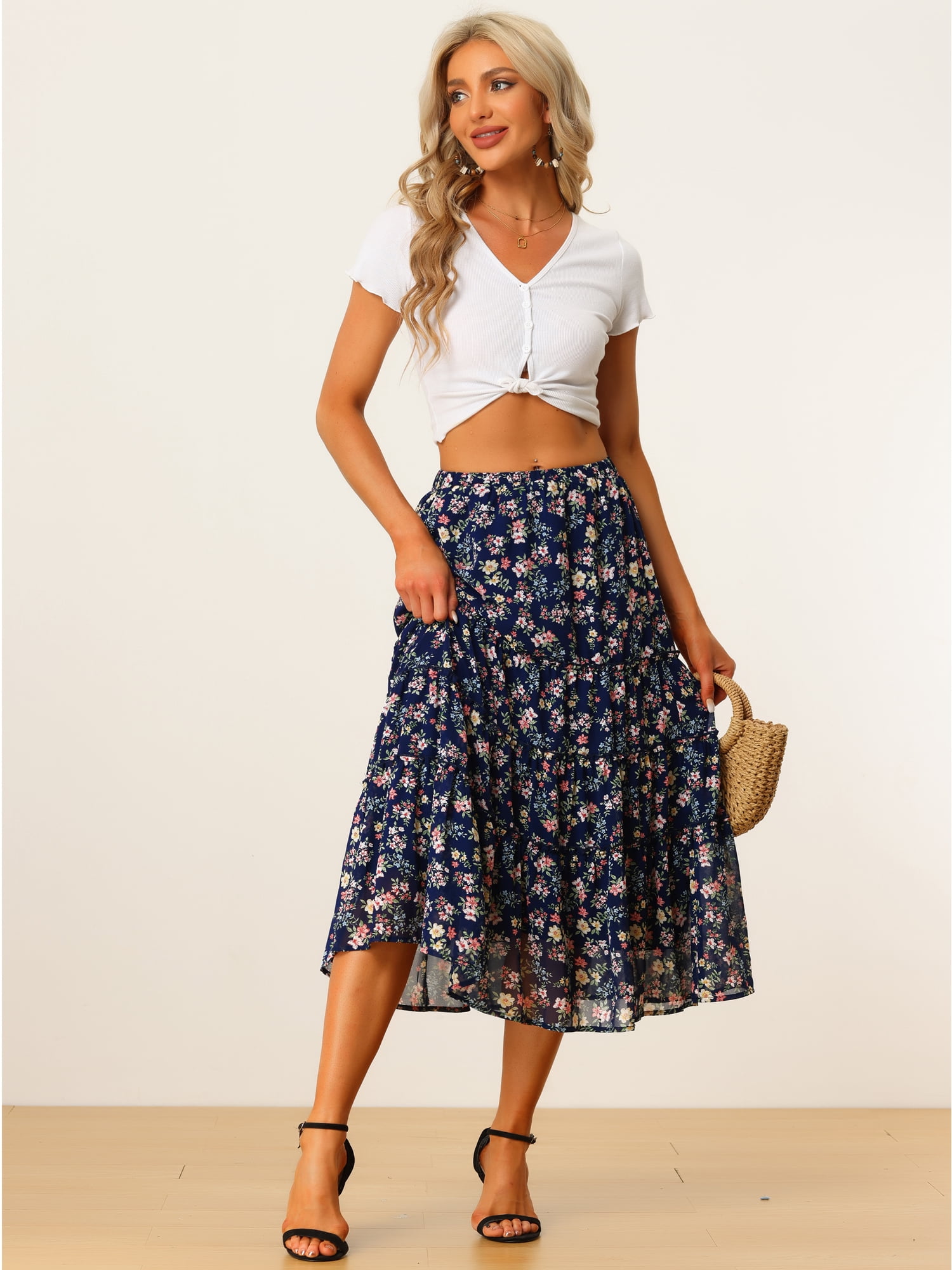 DARING DIVA Women's Chiffon Tiered A-Line Maxi Skirt S Navy Blue