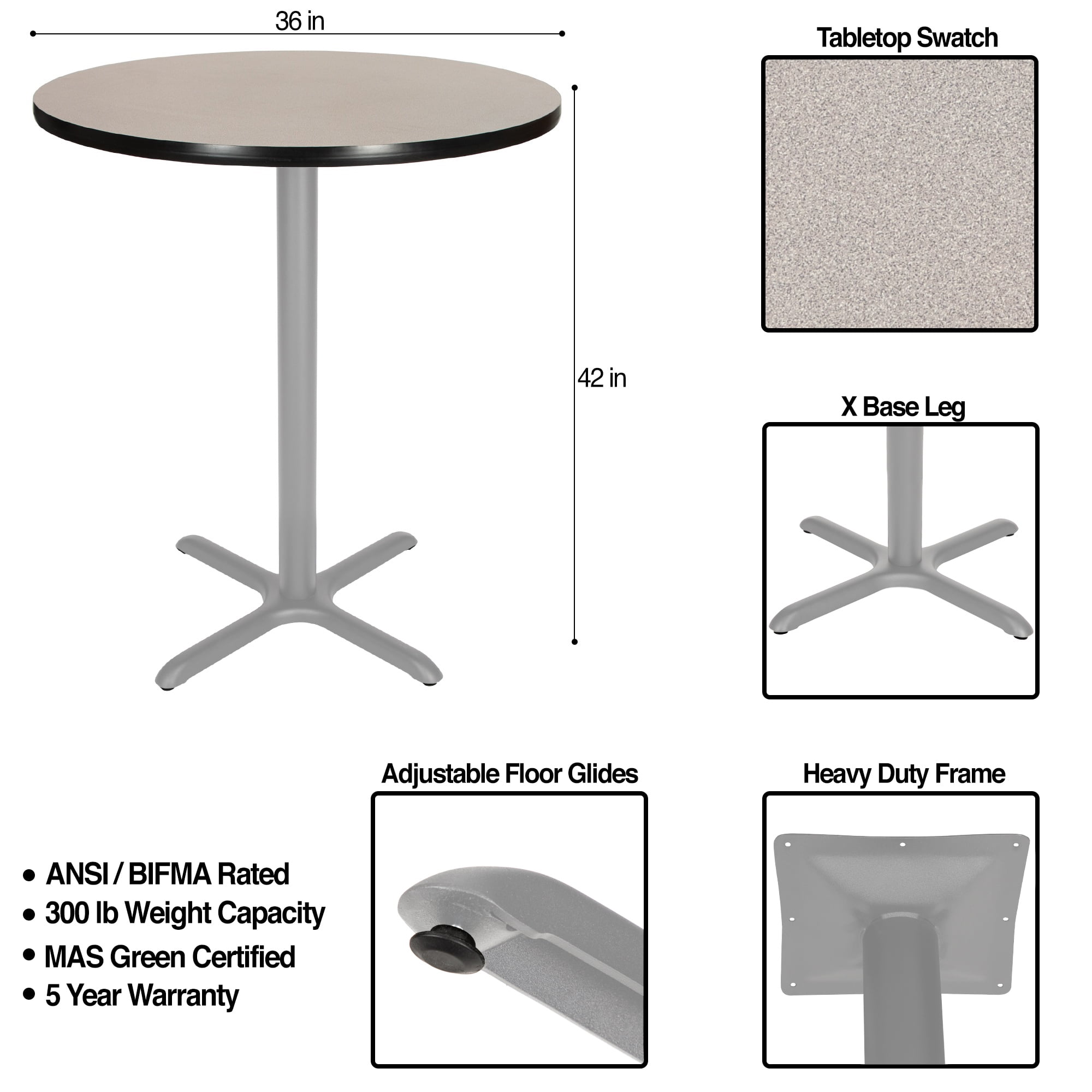 Hampden Furnishings Bennet Collection Steel Frame 36" Round Top, X Base, 42" Height, Cafe Table Grey Frame/Grey Nebula Top
