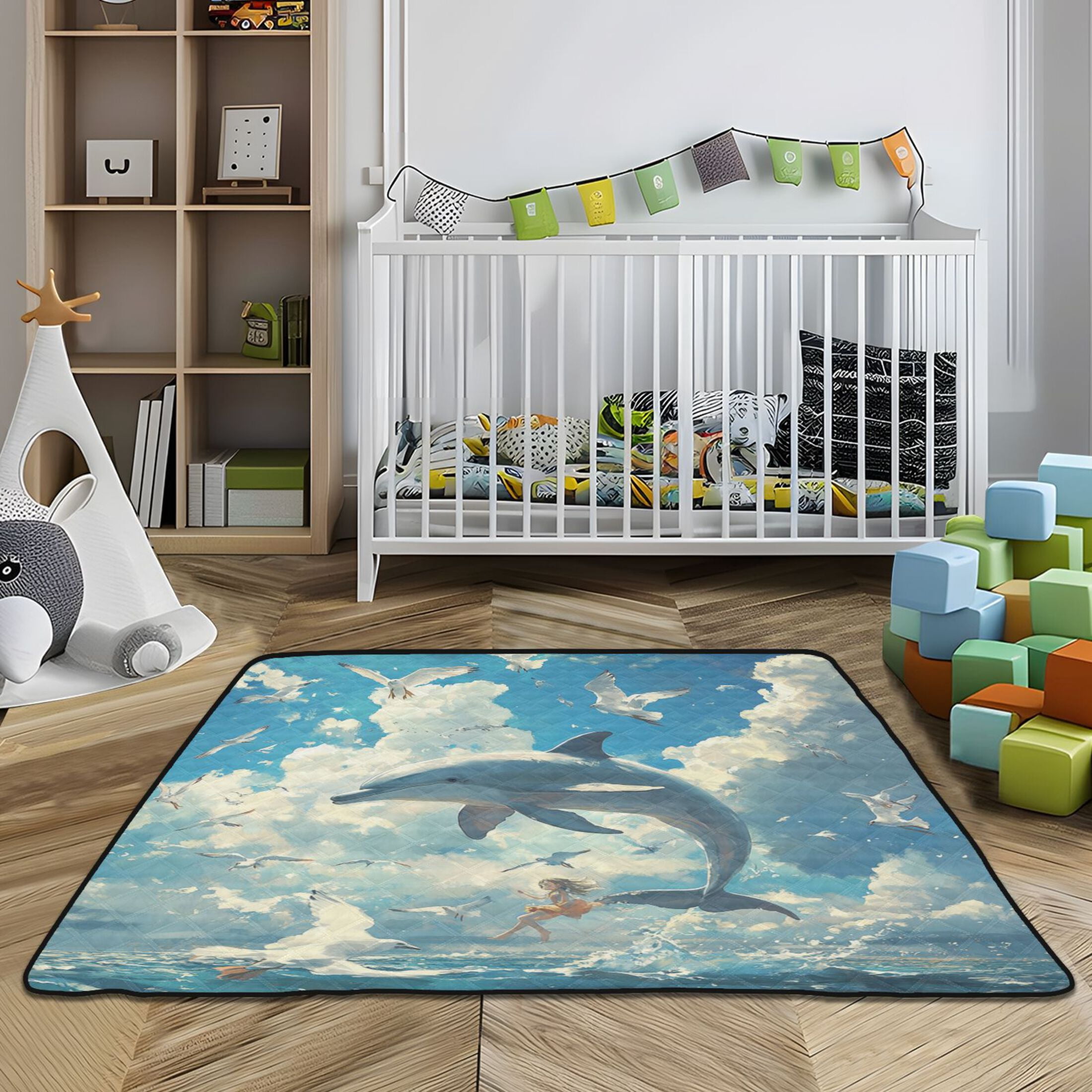 WOBOGO Dolphins Collide with Seagulls Baby Playmats Extra Large Waterproof Rollable Activity Pads for Toddlers 50×50inch