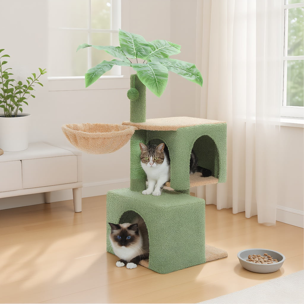Pefilos 43" Cat Tree for Indoor Cats, Cat Tower Climbing Tree with Cat Scratching Posts, 2 Condos and Hammock, Activity Tree for Kittens, Green