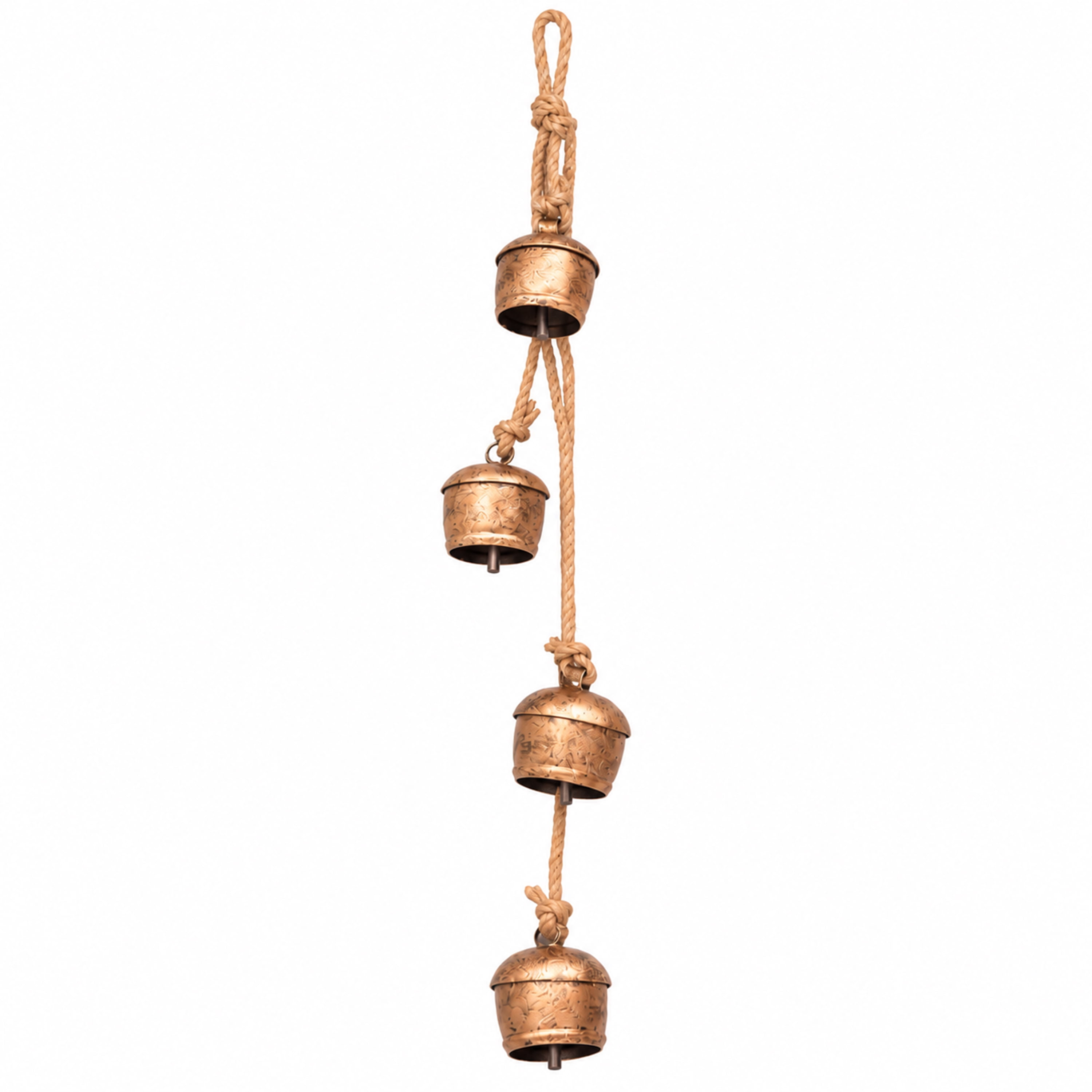 My Texas House 4-Pieces Metal Hanging Bells Antique Gold Finish with Jute Hanging, 22 inch