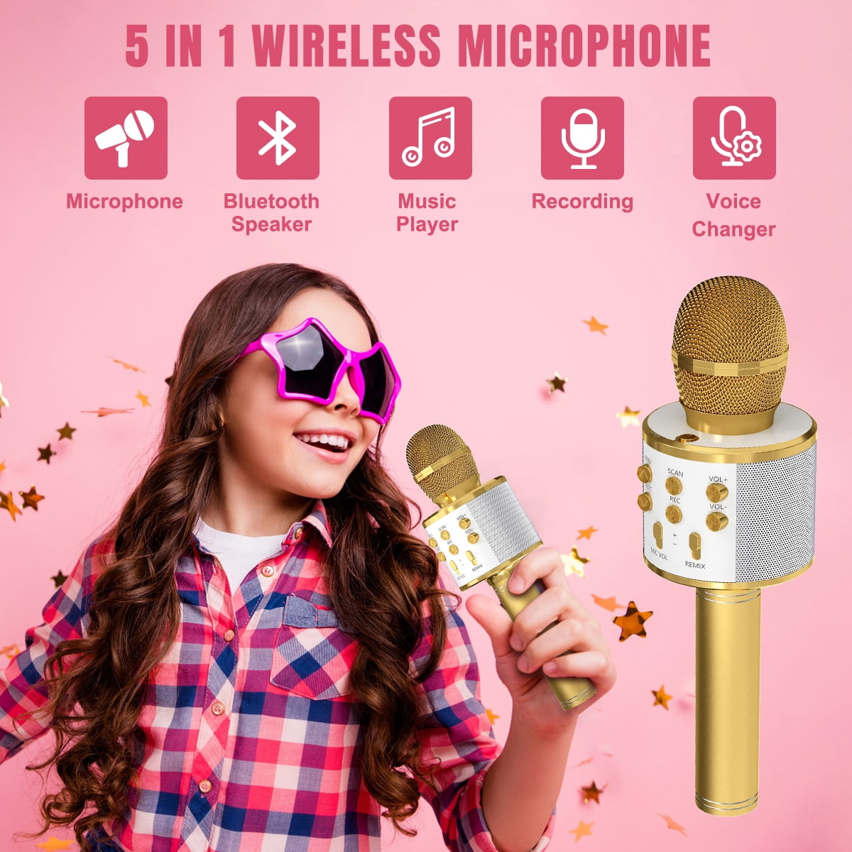 PayUSD Wireless Microphone for Kids Bluetooth Karaoke Microphone for adults 5-in-1 Portable Handheld Mic Speaker Birthday Christmas Gifts Toys for Girls Boys Adults All Age, Golden