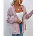 thumbnail image 3 of Suéter con frente abierto, botones, manga larga, corte holgado, prendas de vestir exteriores de punto para mujer con bolsillos para Navidad, otoño, invierno, rosa, M, 3 of 9