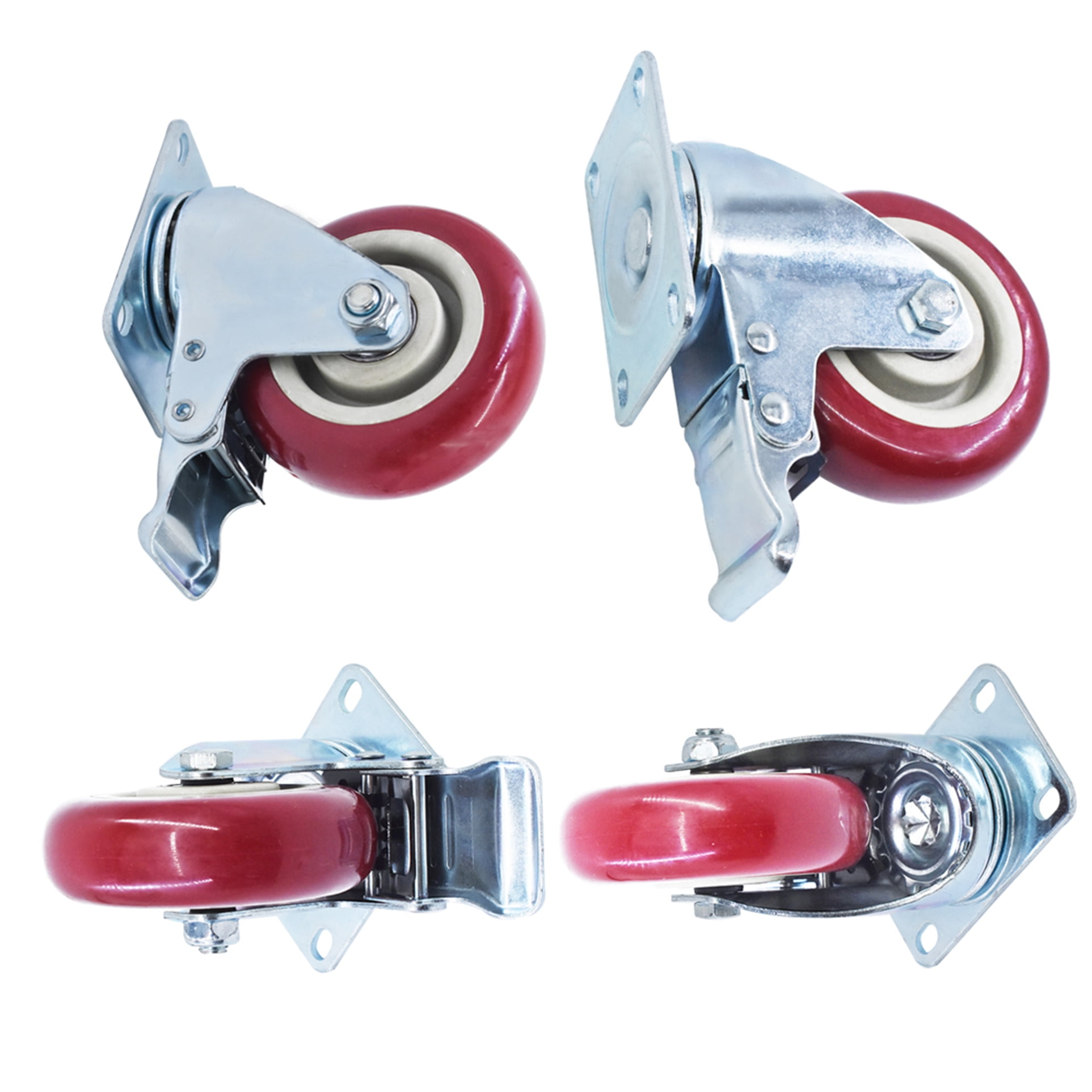 Handdo 4Pcs 4 Inch Heavy Duty Polyvinyl Chloride Swivel Caster Plate Casters with Safety Brake Wheels Red No Noise Fit for Furniture and Workbench