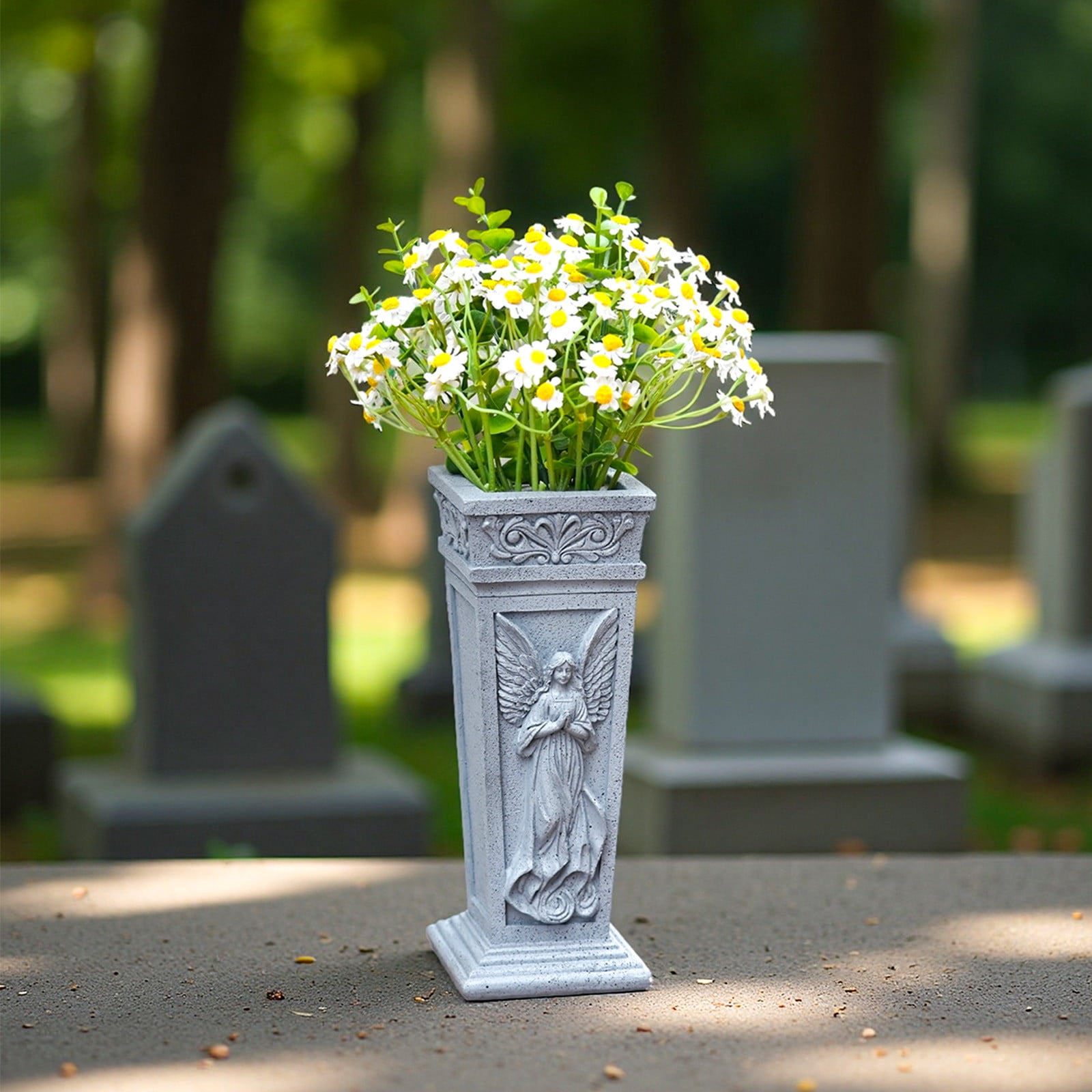 Garden Angel Statue Garden Angel Statue with Vase, Outdoor Resin Figurine Decor, Memorial Garden Stakes, Cemetery Decoration, Patio Yard Art, Gray Angel Sculpture Outdoor Resin Figurine