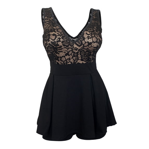 eVogues Plus size Lace Overlay Sleeveless Romper Dress Black