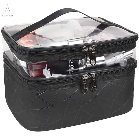 Gustave Travel Cosmetic Makeup Bag Organizer Portable Double Layer Clear Makeup Brush Case Organizer Waterproof PU Leather Toiletry Bags with Zipper for Women (Black)