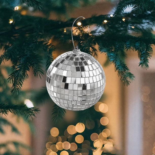 Silver Hanging Discoss Ball Reflector Decoration, disco ball hanging decor, party festival wedding Halloween Christmas dance, large silver discoss ball, metal frame, 2-tier design, for