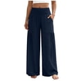 thumbnail image 2 of Bloomae Women Flowy Palazzo Pants Summer Boho Bagyy Wide Leg Elastic High Smocked Waist Casual Loose Comfy Lounge Trousers with Pockets Dark Blue S, 2 of 7