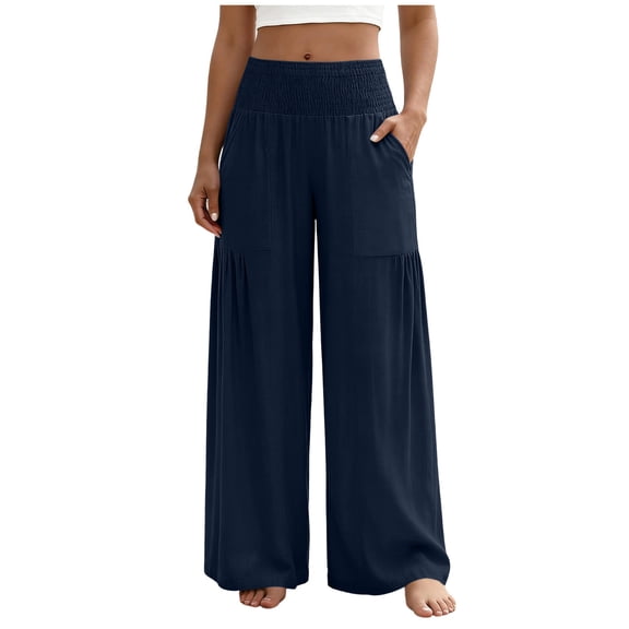 Kvture Womens Stretchy Palazzo Pants Summer Pleated Baggy Wide Leg High Waist Pants Casual Trousers with Pocket Dark Blue Pant XL
