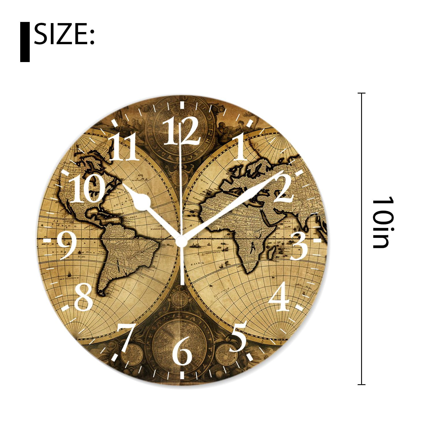 10 Inch Wall Clock Battery Operated Silent Clock Decorative for Office, Kitchen, Outdoor, Living RoomRetro World Map Beautiful Art