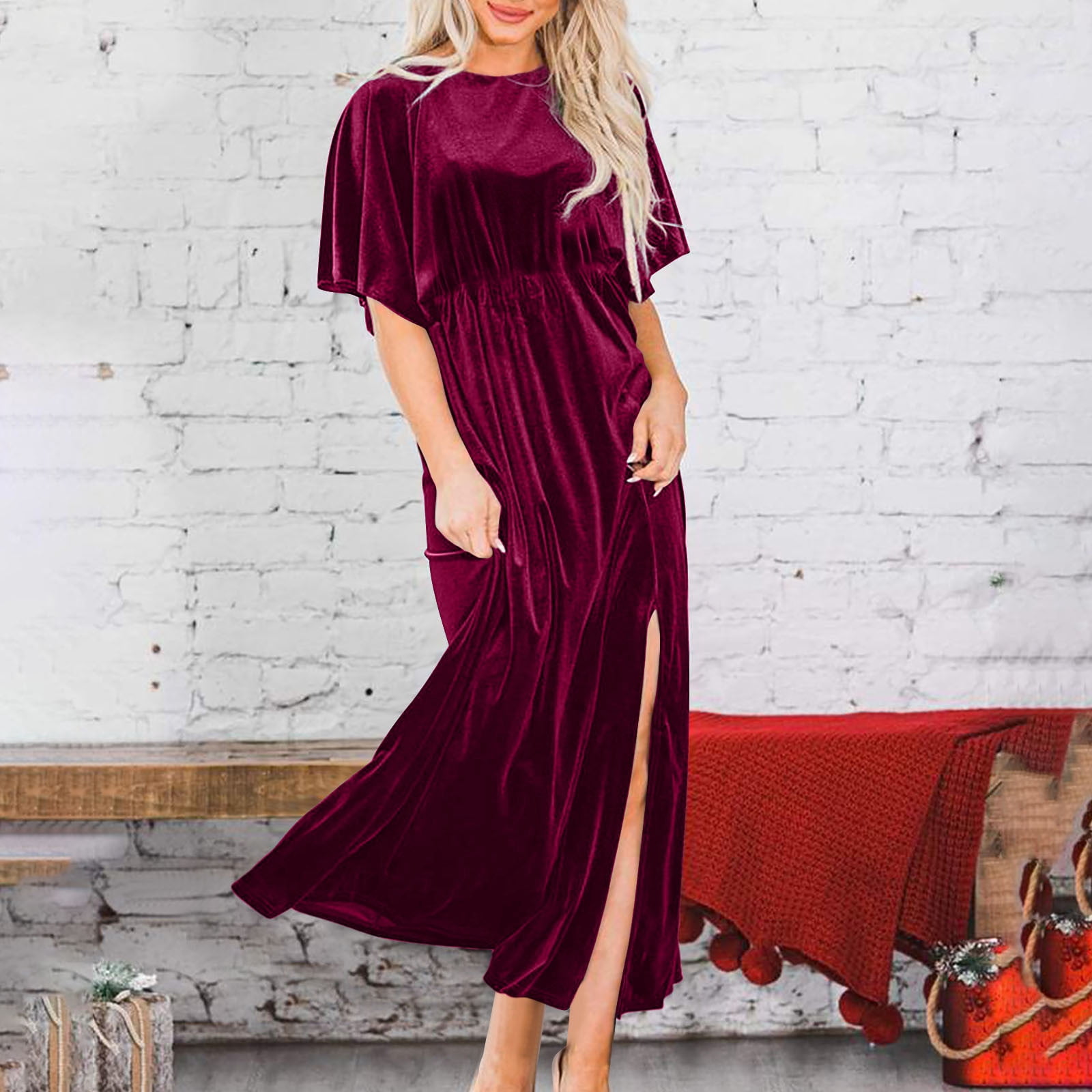 Women's Velvet Dresses Round Neck Bell Sleeve T-Shirt Dress High Split Elastic Waist Solid Dressy Dress Cocktail Party Wedding Midi Dress Wine,XL