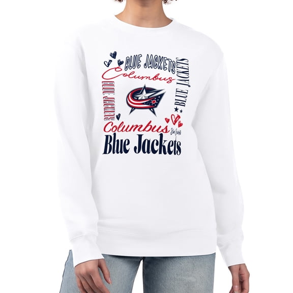 Women's G-III 4Her by Carl Banks White Columbus Blue Jackets Collage Graphic Fleece Long Sleeve Pullover Sweatshirt