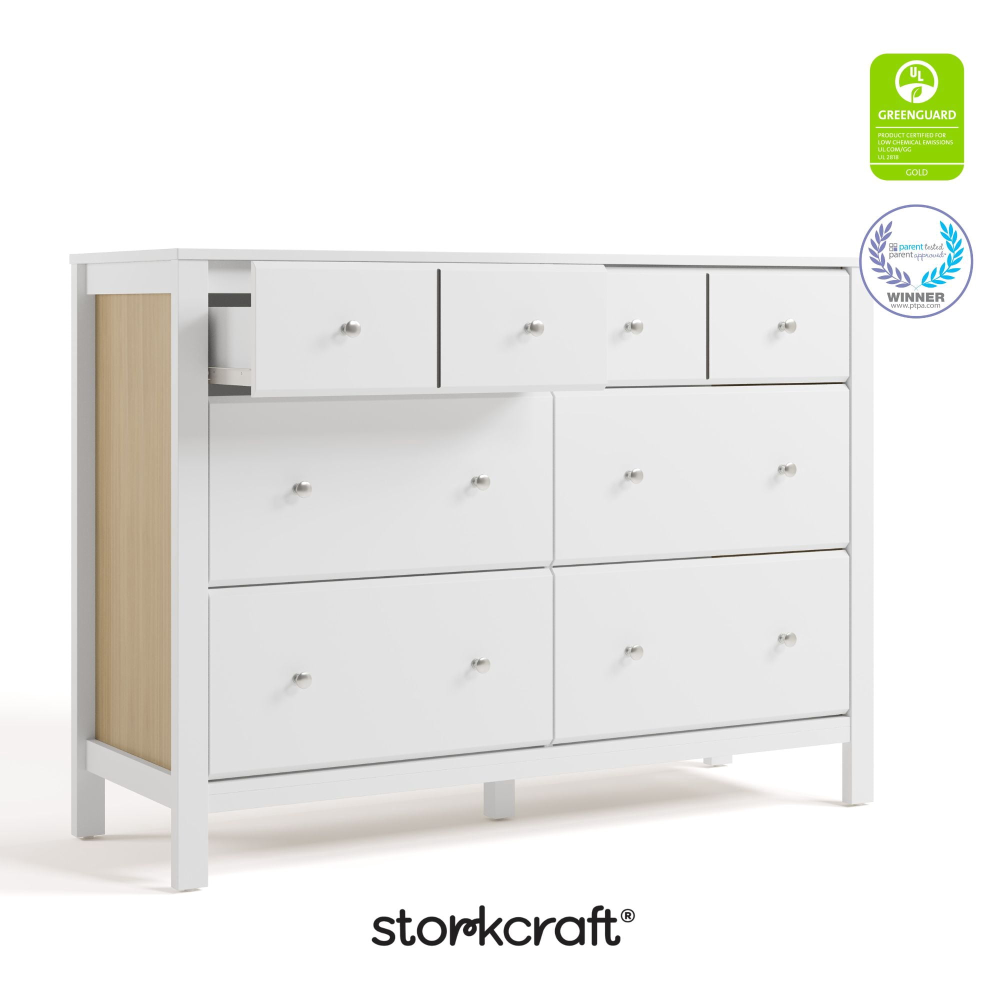 Storkcraft Horizon 6 Drawer Nursery Double Dresser, White with Driftwood