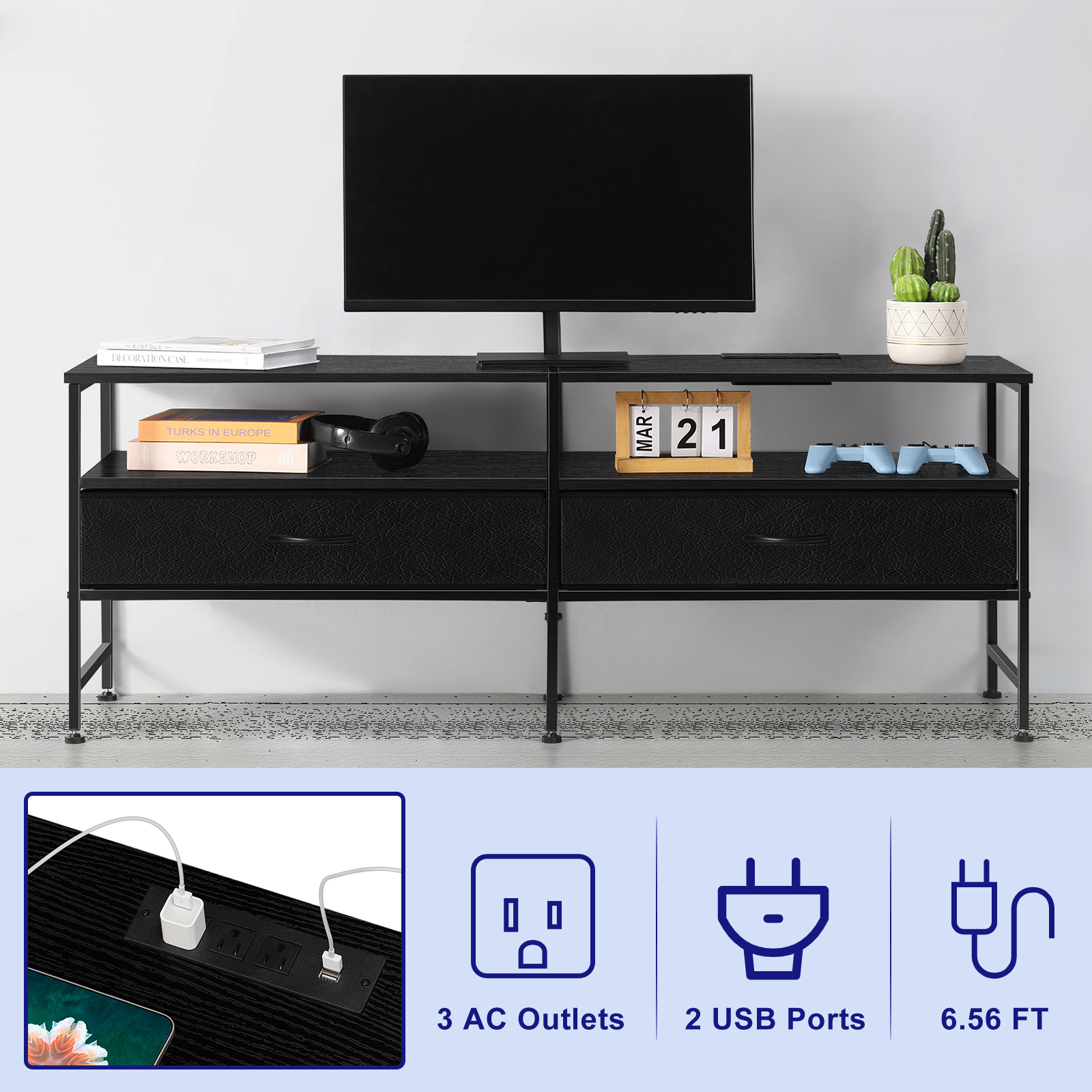 55"L Extended TV Cabinet Industrial TV Cabinet with Fabric for Living Room, Bedroom with Charging Stake Black
