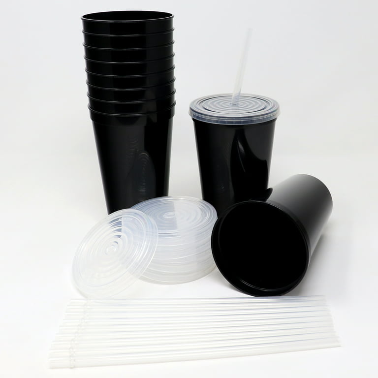 Rolling Sands 22 oz Reusable Plastic Cups with Lids, 10 Pack, USA Made  Black Tumblers; Includes 10 Reusable Straws; Dishwasher Safe