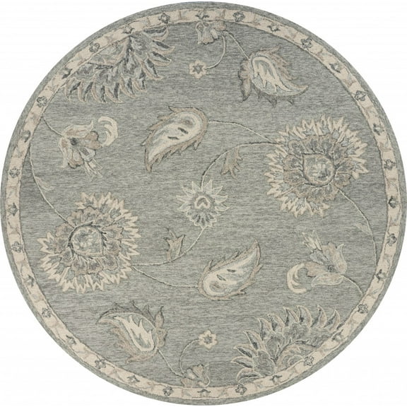 5’ Round Light Gray Floral Area Rug