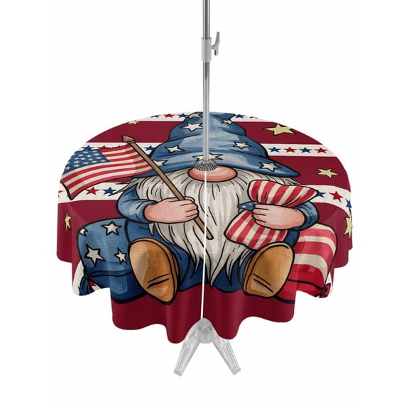 Outdoor Tablecloth with Umbrella Hole for Patio/Picnic/Party/Camping, Patriotic Gnomes Waterproof Table Cloth Round Cover Washable, Independence 250 Memorial Red Striped (Dia 54")
