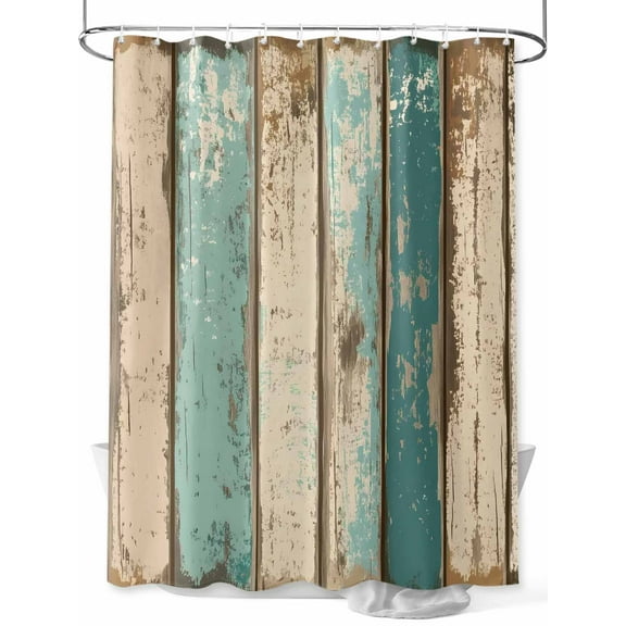 Farmhouse Teal Brown Shower Curtain Set, Waterproof Shower Curtains for Bathroom, Vintage Retro Ombre Wooden Washable Fabric Cloth Bath Curtain for Bathtub Decoration with Hooks 72x78 Inches