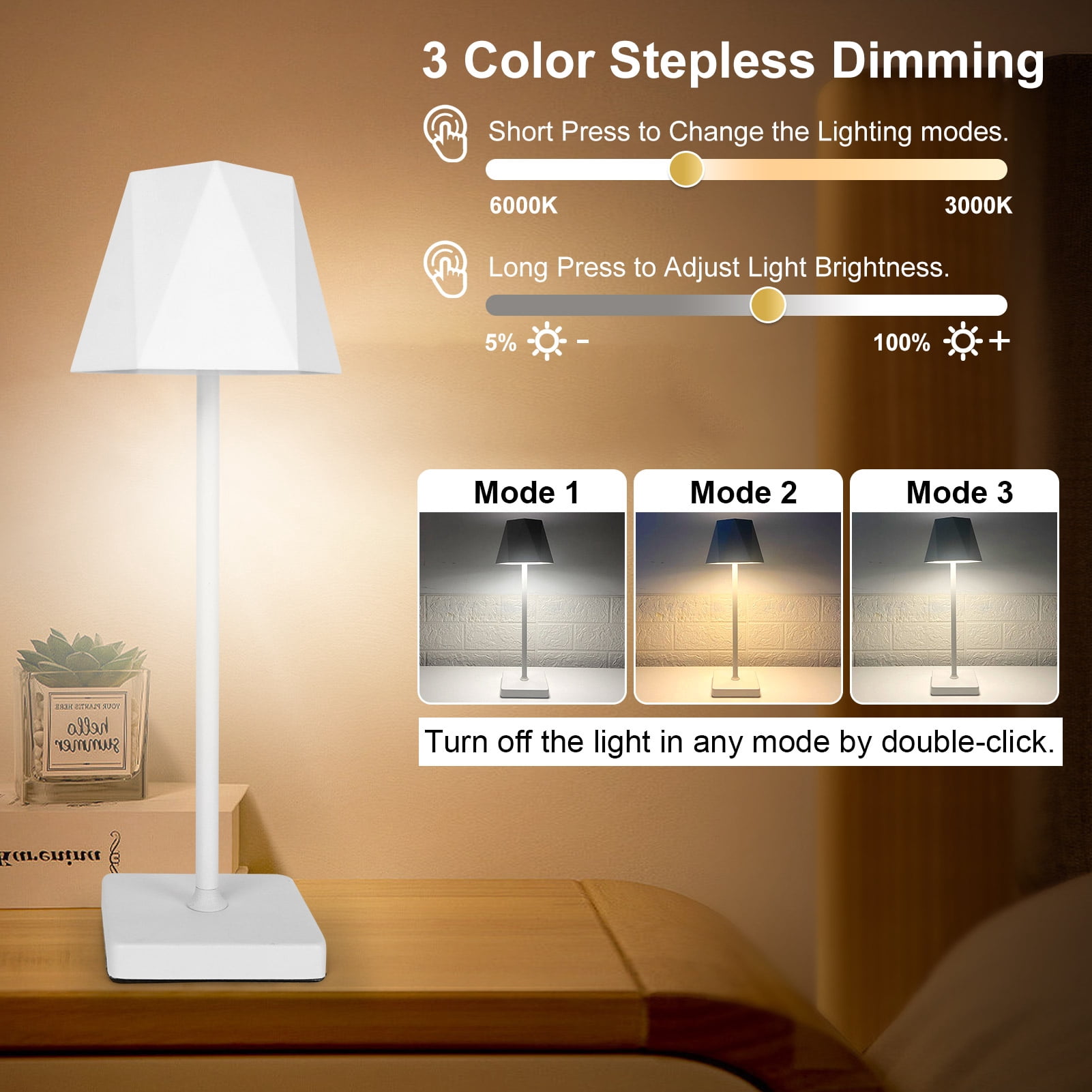 Cordless Table Lamp, 5000mAh USB Rechargeable Desk Lamp, RGB 5 Modes & Stepless Dimming,Gift Battery Powered Modern Lamp for Bedroom/ Dining/ Coffee /Outdoor,White