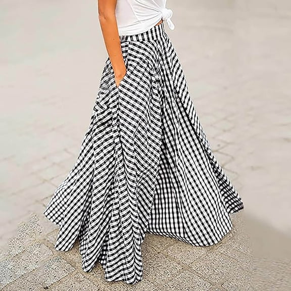 Maxi Skirts for Women Loose Full Plaid Skirt with High Waist Comfortable Casual Flared Womens Long Skirt Black L