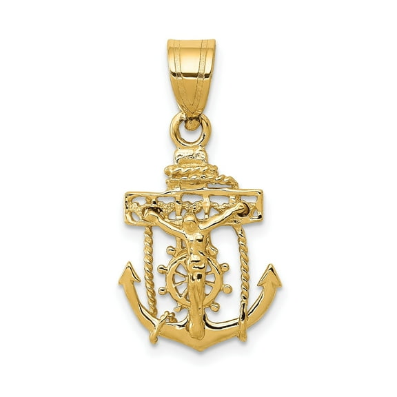 14k Yellow Gold Anchor Cross Pendant Necklace for Men and Women Nautical Religious Rope Crucifix Polished Mariner Jewelry for Faith Symbolism and Spiritual Strength