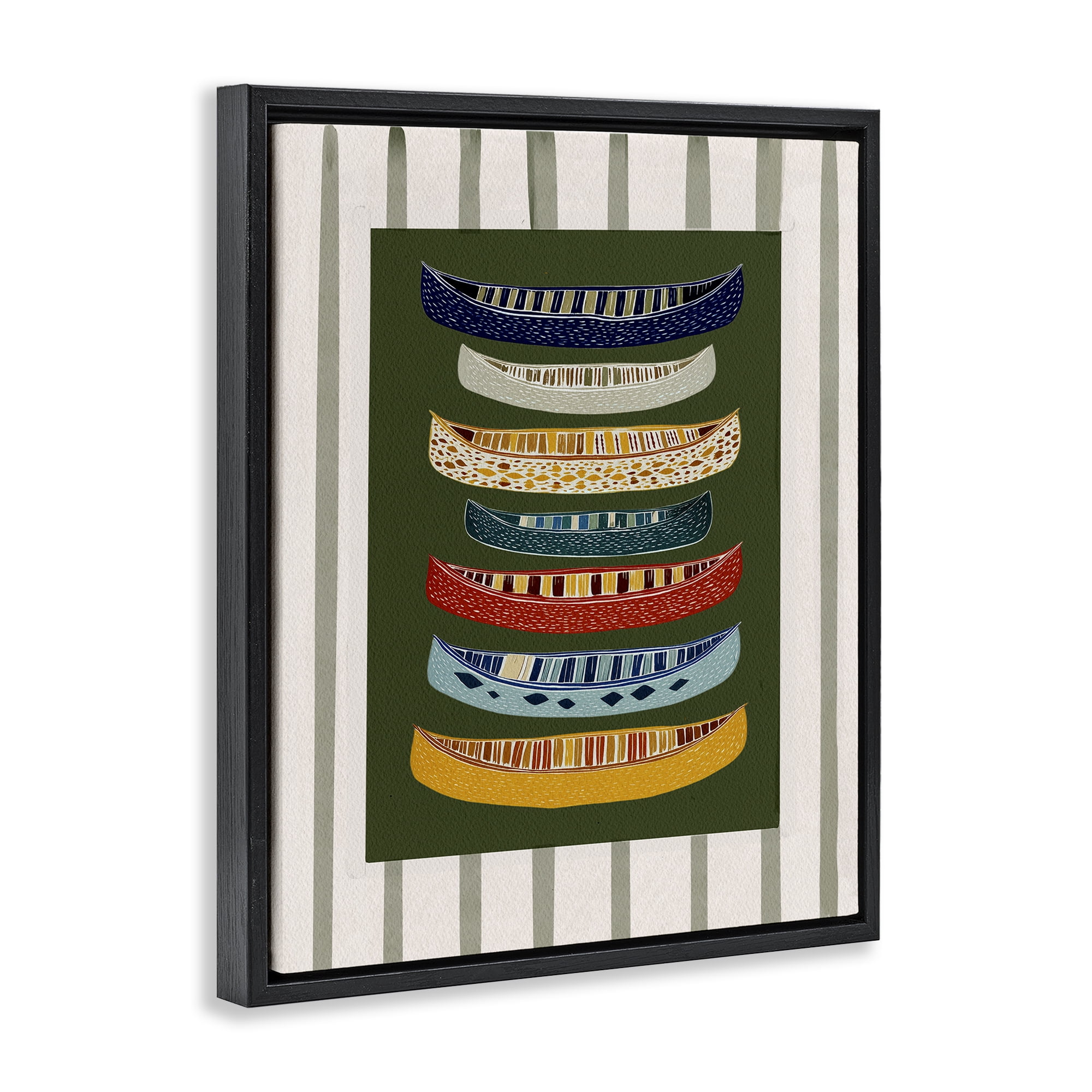 Stupell Industries Patterned Canoes over Stripes Black Framed Floater Canvas Wall Art, design by Yen