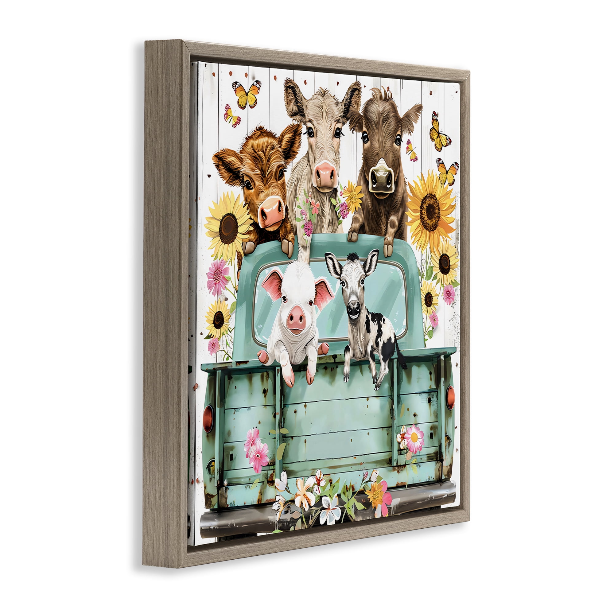 Stupell Industries Barnyard Friends in Vintage Truck Brown Framed Floater Canvas Wall Art, design by Creative Studio