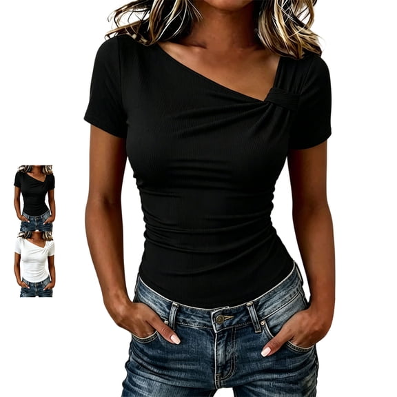 TGSLY Asymmetrical V Neck Tops for Women Slim Fit Twist Knot Ribbed Short Sleeve Blouses Dressy Casual Solid Color T-Shirts XL