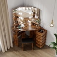 thumbnail image 2 of Ourlova Makeup Vanity Desk with Lights and Power Outlet - Corner Vanity Table with 5 Rotating Drawers/3 Color Lighting/Brightness Adjustable/Shelves and Stool - Dressing Table for Women Girls - Brown, 2 of 7
