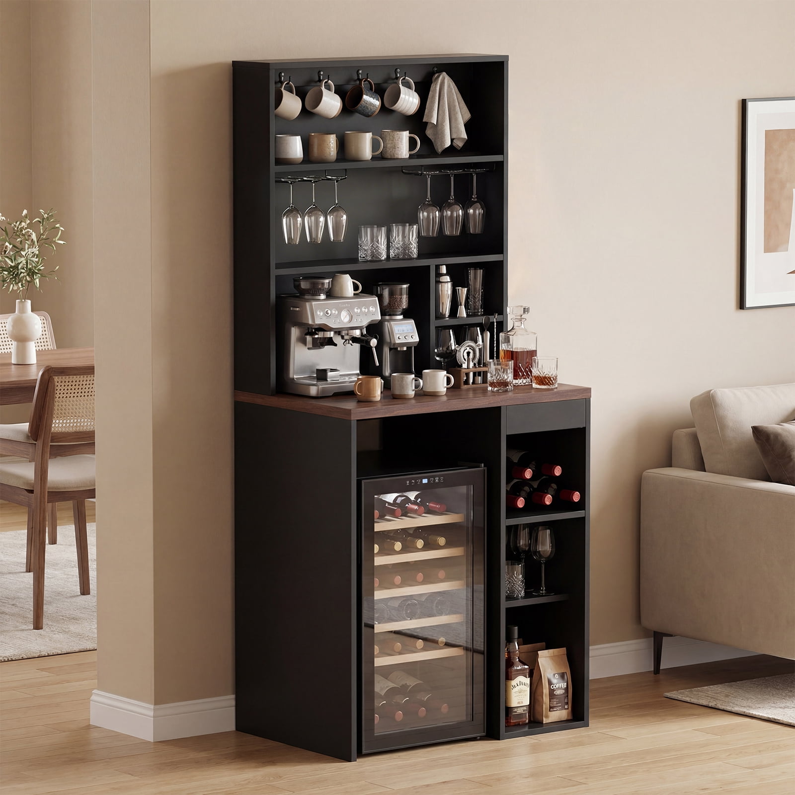 Advwin Coffee Bar Cabinet with Mini Fridge Space, 74" Tall Kitchen Storage Cabinet with Mug Hooks & Glass Holders, Mini Fridge Stand for Dorm, Kitchen, Office, Apartment, Home Bar, Black+Walnut