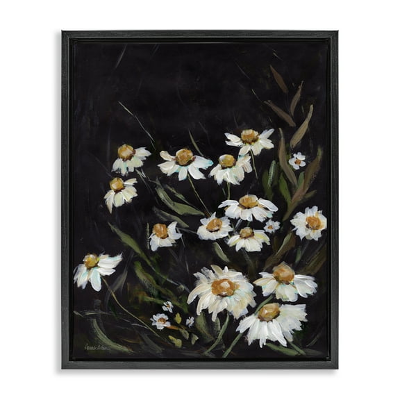 Stupell Industries Daisies on Black Botanical & Floral Painting Black Floater Framed Art Print Wall Art, 17 x 21