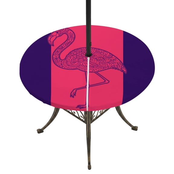 Pink Navy Blue Flamingo Round Outdoor Tablecloth with Umbrella Hole Zipper, Summer Beach Coastal Modern Art Elastic Fitted Table Cover, Waterproof Table Cloth for Patio Picnic Party Fits 45"-54"