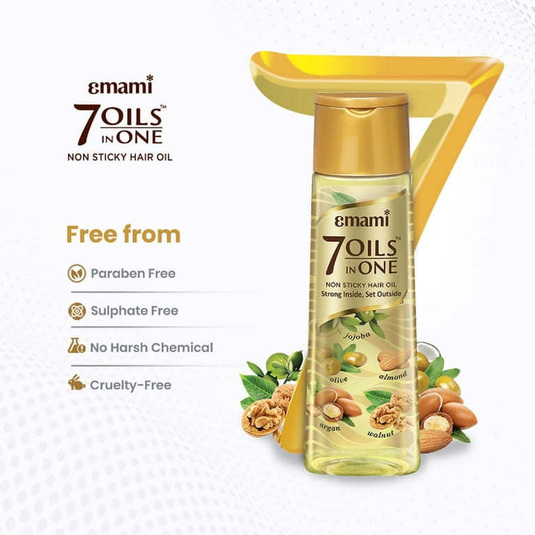 Emami 7 Oils In One Non Sticky and Non Greasy Hair Oil Free of Sulphates Parabens and Chemicals with Goodness of Almond Oil Coconut Oil Argan Oil