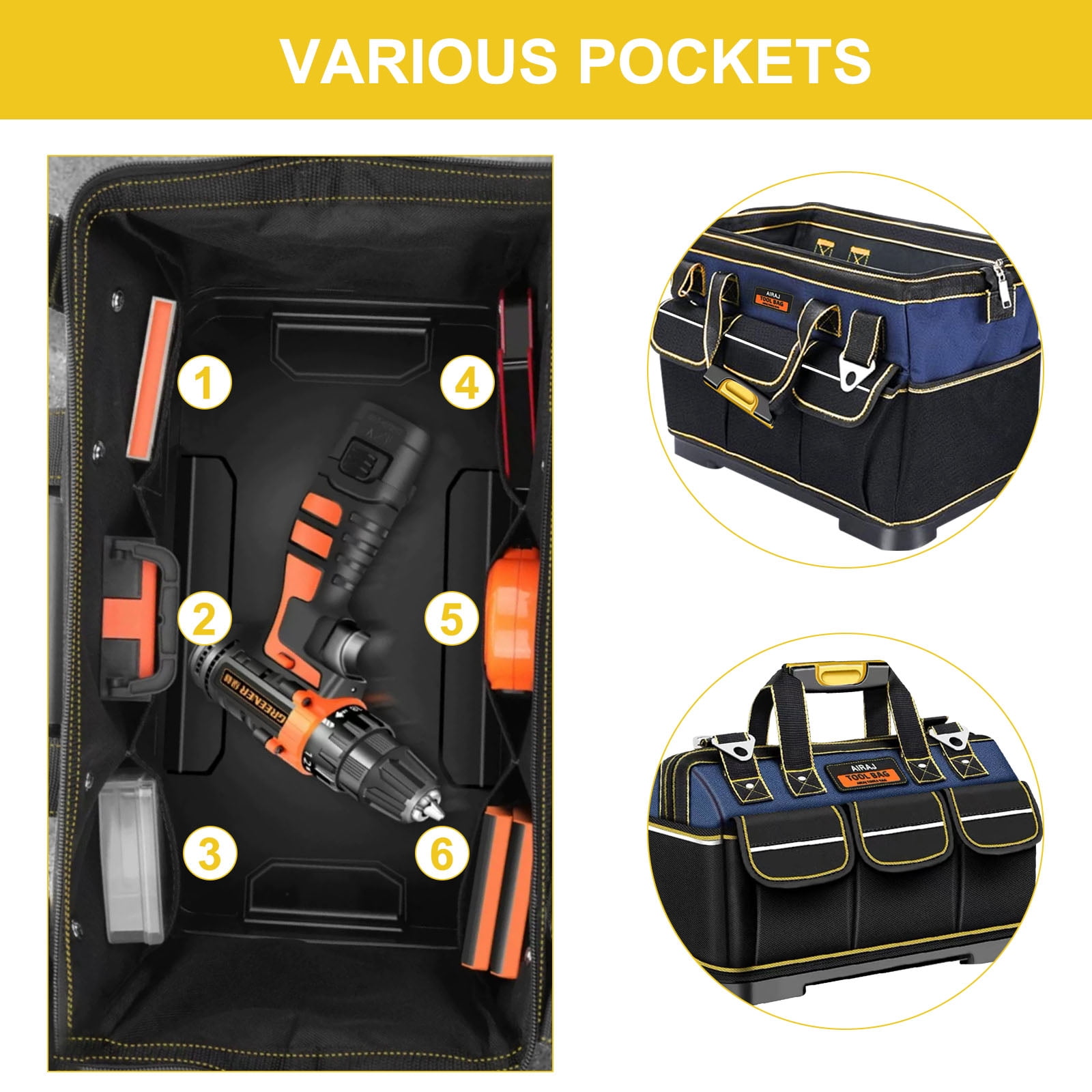 2BK 17-inch Tool Bag Tool Organizer Rubber with Base Waterproof Double Strap Carry Handle,Black