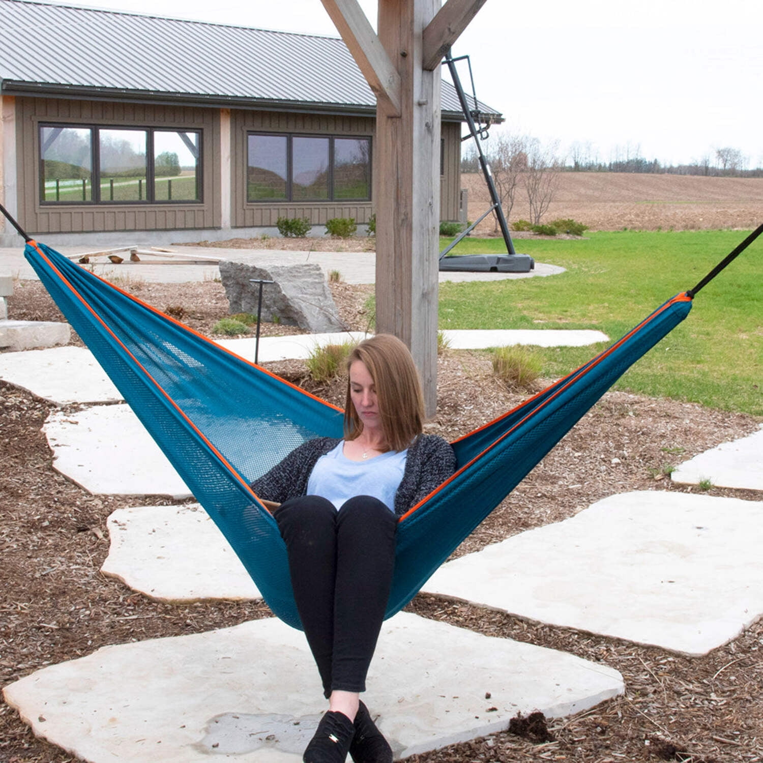 Vivere Polyester Mesh Double Hammock - Blue/Orange