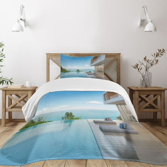 Ambesonne Summer Quilted Bedspread Set 2 Pcs, Minimalist Beach House, Twin Size, Pale Brown Sky Blue