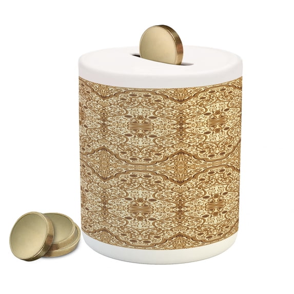 Orient Piggy Bank, Folkloric Lace Pattern Traditional Design with Middle Eastern Elements, Ceramic Coin Bank Money Box for Cash Saving, 3.6" X 3.2", Apricot Cream, by Ambesonne