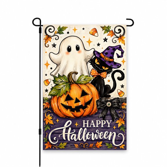Halloween Garden Flag 12 x 18 Inch - Ghost, Black Cat, Pumpkin, Candy Corn Design - Outdoor Decorative Yard Flag for Lawn, Patio, Porch Decor