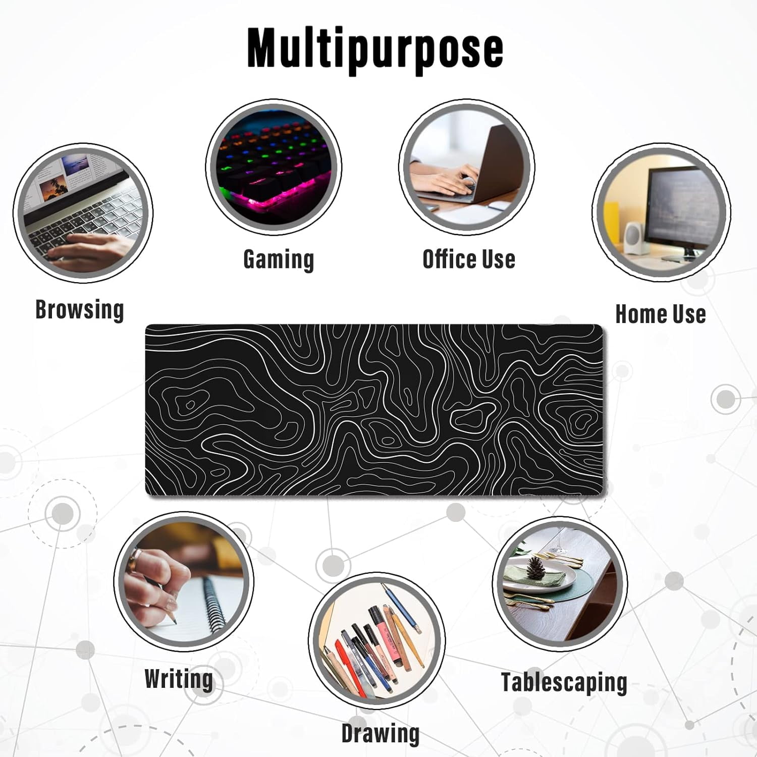 Large Gaming Mouse Pad with Stitched Edges, Topographic Map Topo Mousepad Gaming, Extended XL Large Mousepad with Anti-Slip Base, Cool Mouse Pads for Desk, 31.5 x 11.8 in, Black
