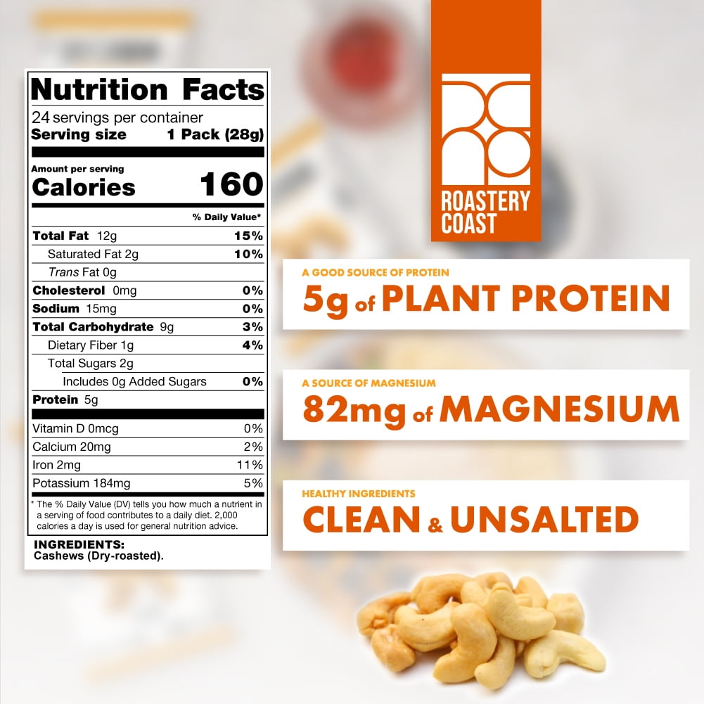 Roastery Coast - Just Cashews Unsalted | 48 Packs | Individually wrapped snack (1 Oz each) | Unsalted Cashews | Non-GMO, Gluten Free, Kosher | Cashew Nuts | Gourmet Snack