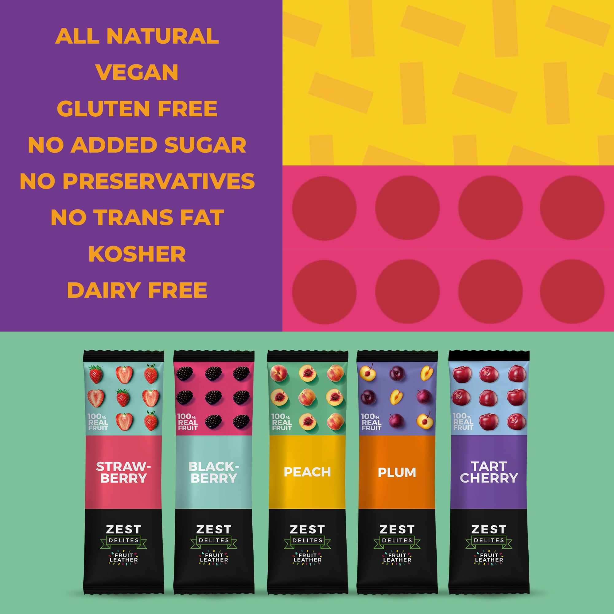 Zest Delites Fruit Leather Snacks Bulk, Vegan Fruit Bars, Healthy Snacks for Adults, 50 Pack
