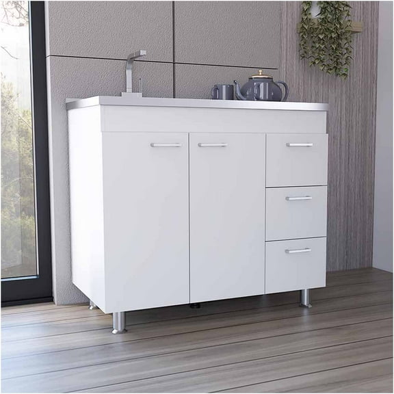 JERFIT 36 Inch White Modern Base Cabinet with 3 Drawers & 2 Doors, Kitchen Bathroom Storage with Adjustable Legs