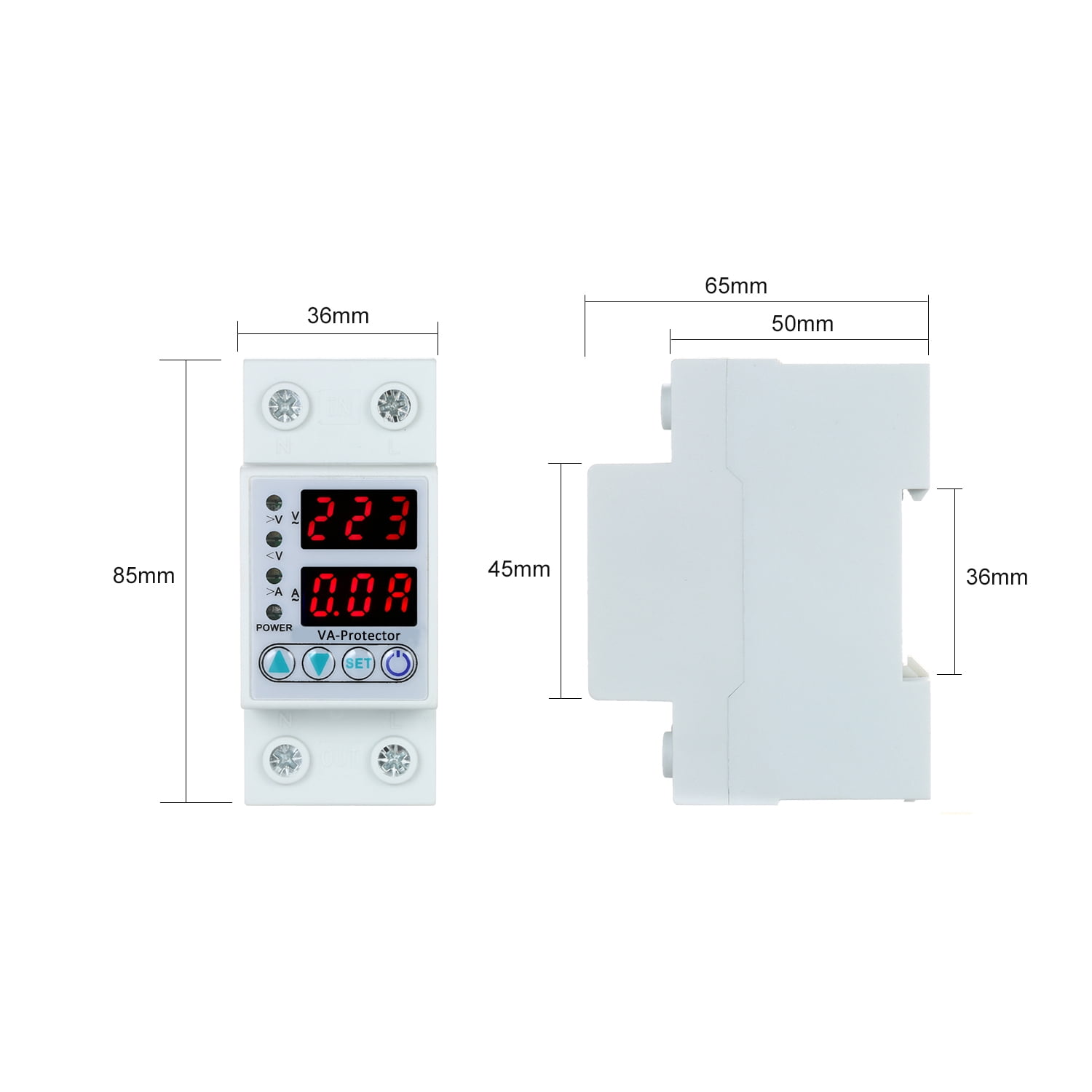 Over 63A 220V Din Rail Adjustable Over Voltage And Under Voltage Protective Device Protector Relay Over Current Protection Home Usage Dual LED Display