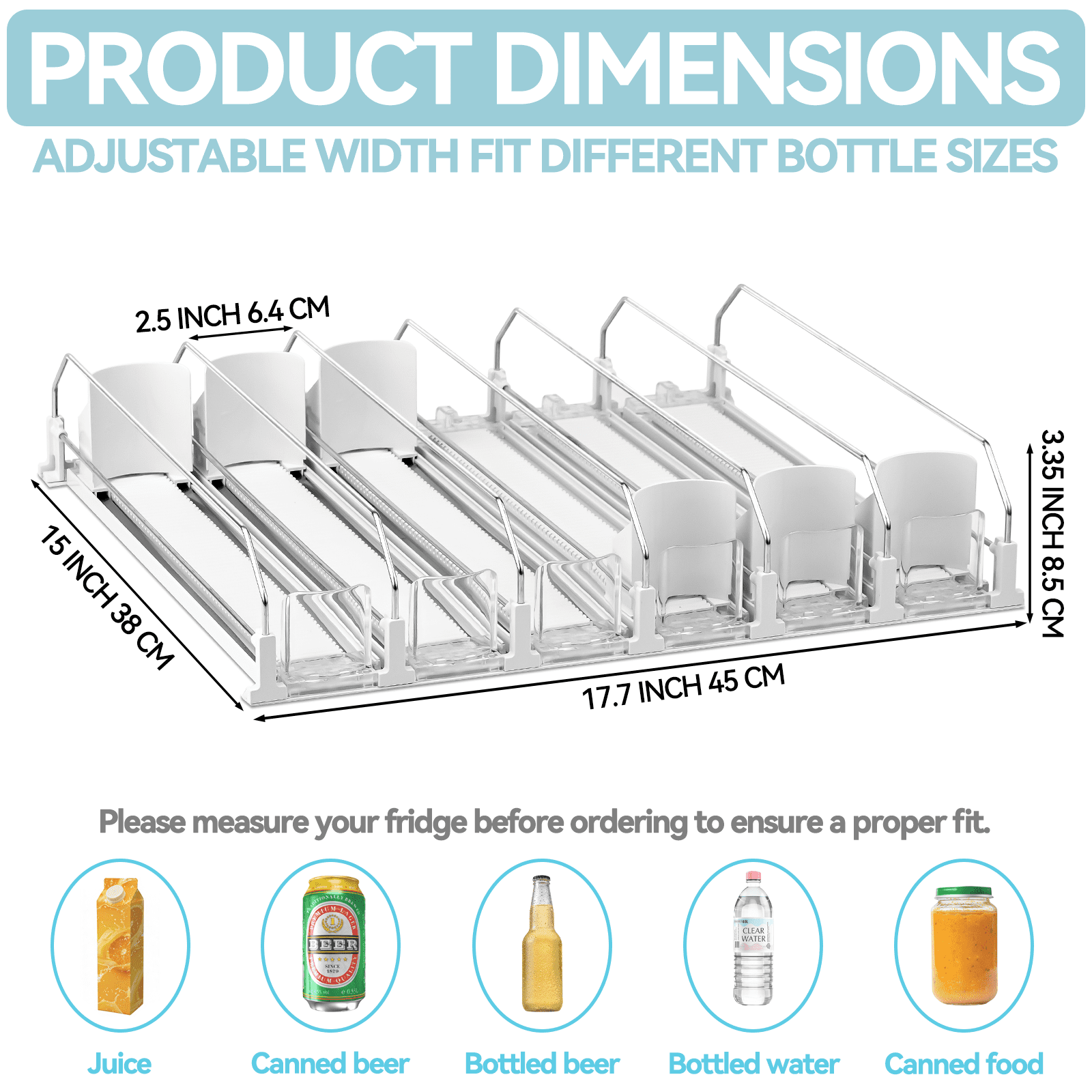 CZS Drink Organizer for Fridge, 6-Row Automatic Can Dispenser with Adjustable Width, Self-Pushing Soda & Bottle Rack Holds 15 Cans, Space-Saving White Design