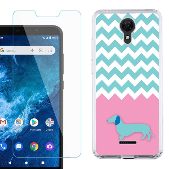 Slim-Fit Protective Phone Case compatible with Cricket Icon 2, with Tempered Glass Screen Protector, by OneToughShield ® - Chevron/Dachshund/Puppy