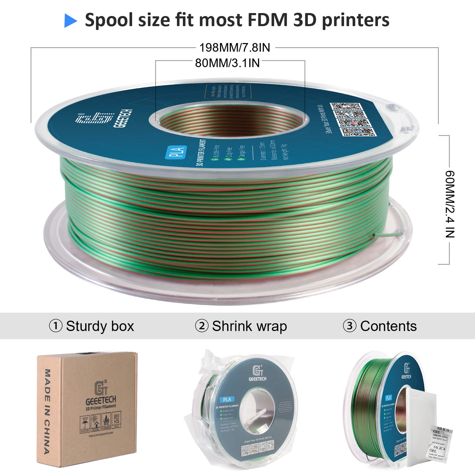 Geeetech Anti-silk type 3D Printer PLA Filament 1KG Toughness Enhanced Filament with 1.75mm Dimensional Accuracy +/-0.03mm, 1080 Feet per Roll, Vacuum Packaging Two-color green and red